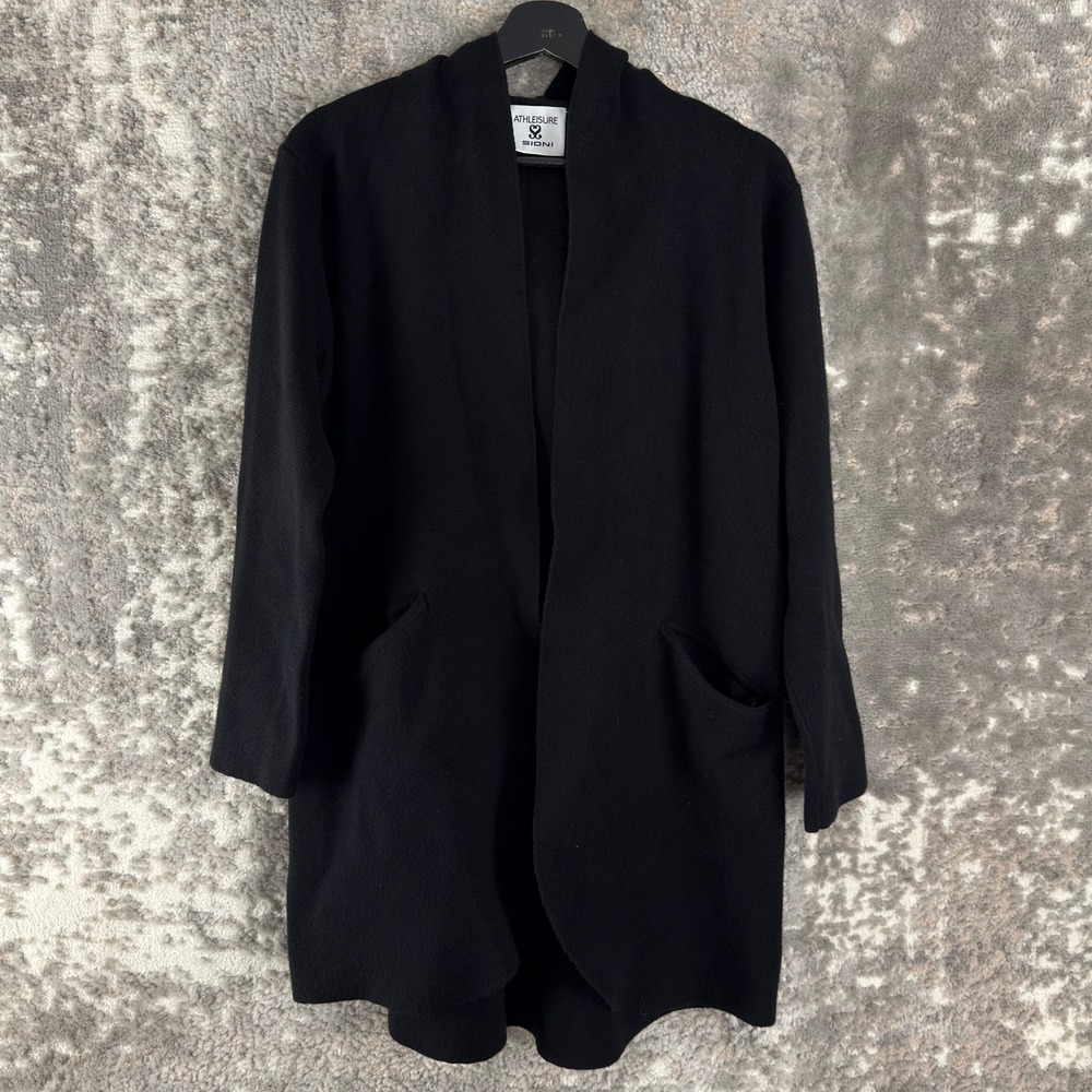 Sioni‎ Size M Athleisure Hooded Open Front Cardigan Sweater Black Long Sleeve